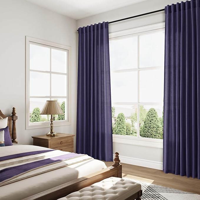 Purple Curtains 63 Inches Long 2 Panel Sets for Living Room Bedroom, Light Filtering Linen Drapes for Kitchen Windows Rod Pocket or Back Tab Curtain,Semi Sheer 52x63