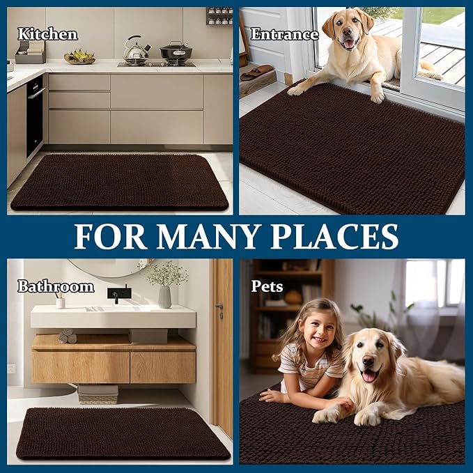 OLANLY Dog Door Mat for Muddy Paws 47x24, Absorbs Moisture and Dirt, Absorbent Non-Slip Washable Doormat, Quick Dry Chenille Mud Mat for Dogs, Entry Indoor Entryway Carpet for Inside Floor, Brown