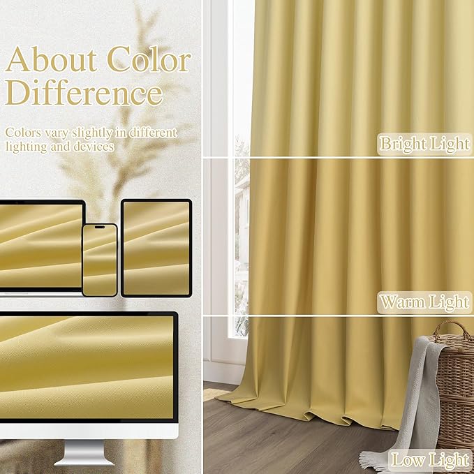 Guken Yellow 100% Blackout Linen Curtains 120 Inch Length 2 Panels Set for Living Room Bedroom Back Tab/Rod Pocket Thermal Insulated Black Out Drapes Room Darkening Window Curtains 52x120