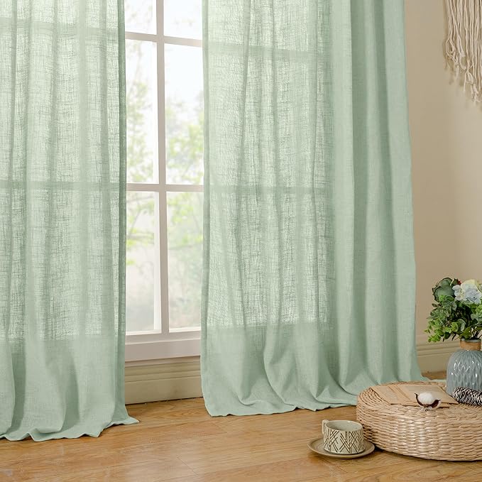 LAMIT 54 Inch Semi Sheer Window Linen Curtains, Light Filtering Panels Back Tab and Rod Pocket Country Decor Drapes for Bedroom/Farmhouse, Fresh Green, 2 Panels, 34 x 54 Inch