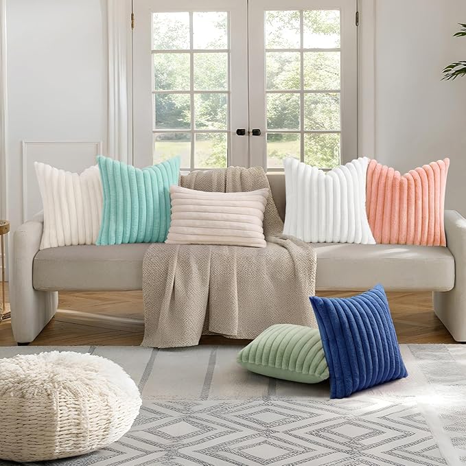 decorUhome Summer Cozy Faux Fur Throw Pillow Covers 20x20 Set of 2 Decorative Plush Striped Modern Farmhouse Boho Couch Pillow Cases with Velvet Back for Sofa Bed Living Room, Blush Pink
