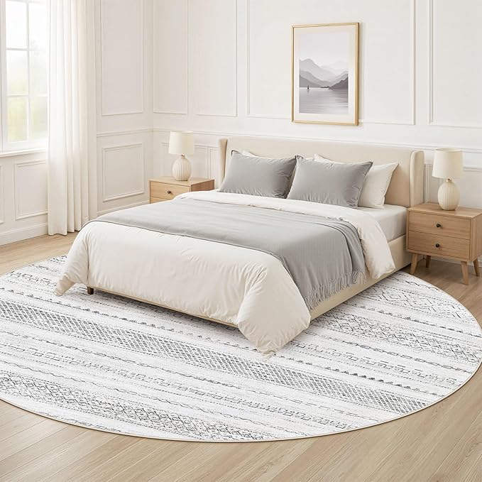Nakagishi Round Rug Boho Area Rugs: 5x5 Washable Large Circle Neutral Soft Stain Resistant Non-Slip Carpet for Women Aged 25-45 Farmhouse Decor Enthusiasts - Living Room Bedroom Dining Room Nursery