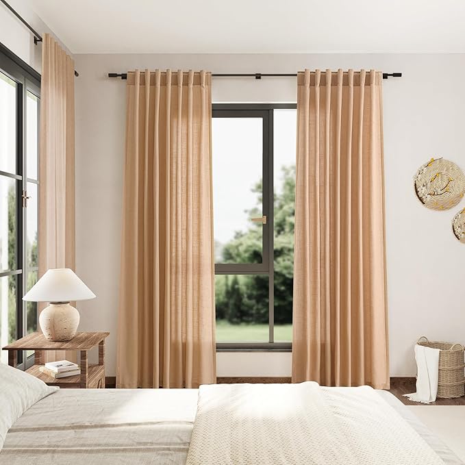 Extra Long Camel Linen Curtains 2 Panels 102 Inches Long for Living Room Back Tab Rod Pocket Light Filtering Semi Sheer Drapes Soft Cotton Textured Window Curtain 102 Inch Length for Bedroom.