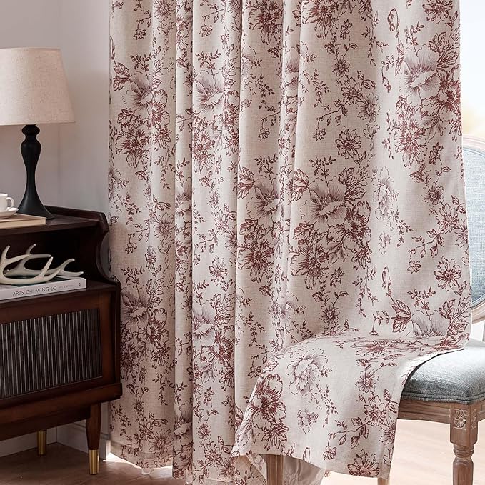 jinchan Blackout Floral Curtains for Living Room Bedroom Linen Blend Curtain Farmhouse Brick Red Printed with Lined Back Tab Rod Pocket Drapes Window Treatments 2 Panels 84 Inch