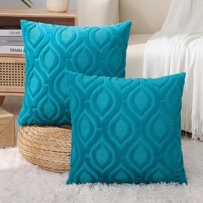decorUhome Summer Throw Pillow Covers 20x20 Inch Set of 2, Soft Plush Faux Wool Teal Solid Couch Pillow Covers, Accent Farmhouse Neutral Square Pillow Cases for Sofa Bed Living Room