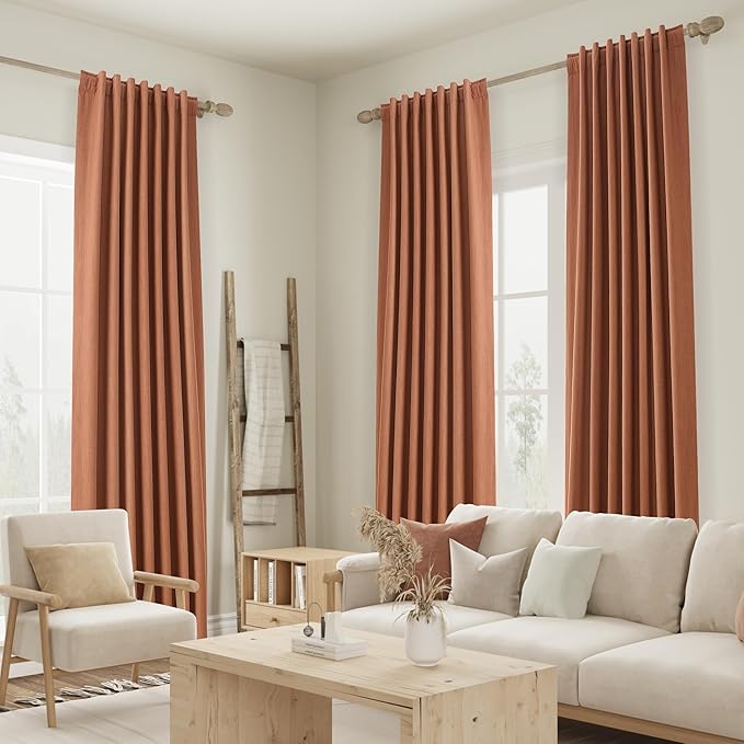 Guken Terracotta 100% Blackout Curtains 120 Inch Length 2 Panels Set Fall Curtains for Living Room Bedroom Back Tab Thermal Insulated 100% Black Out Linen Drapes,52x120