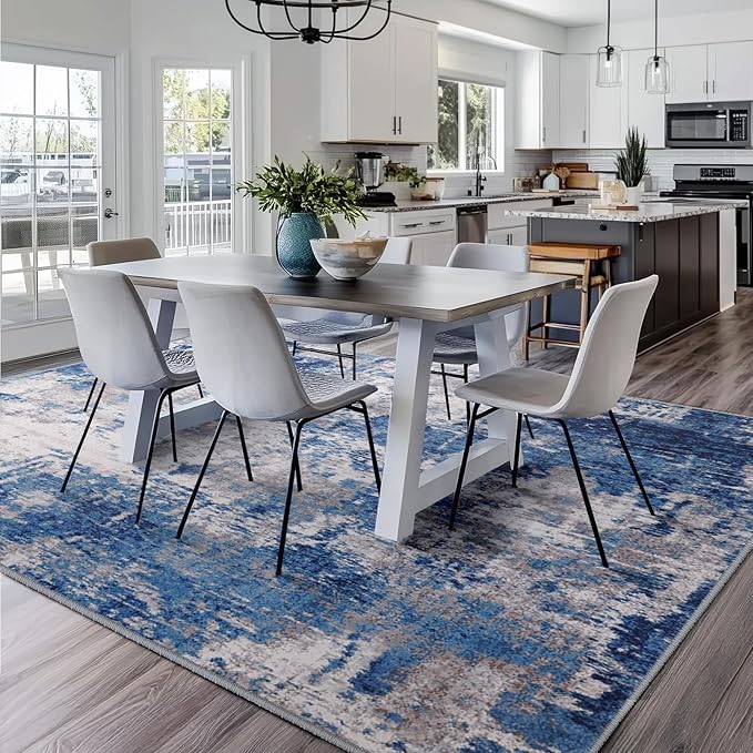 Washable Area Rugs 7x10 Non-Slip Modern Abstract Soft for Living Room Entryway Bedroom Nursery, Print Pattern, Blue Grey Navy Gray