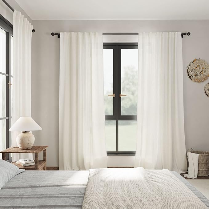 Back Tab Linen Curtains 96 inches Long 2 Panels Set for Living Room Sliding Glass Door Ivory Cream Semi Sheer Curtains Light Filtering Canvas Cloth Linen Drapes 96 inch Floor to Ceiling Length