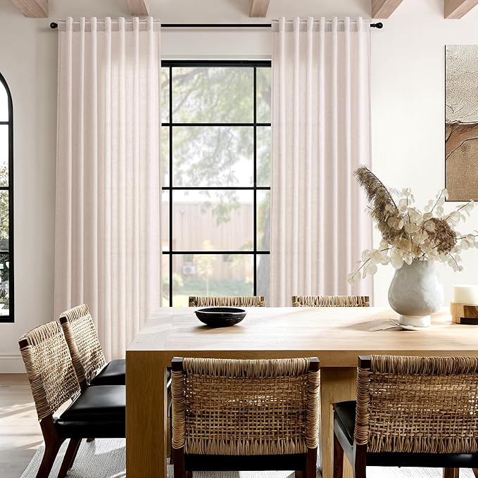 Nanspring Natural White Linen Curtains 63 Inch Length for Living Room Blend Semi Sheer Farmhouse Decor Curtains Back Tab Privacy Boho Light Filtering Semi Sheer Curtain for Bedroom 52x63, 2 Panels