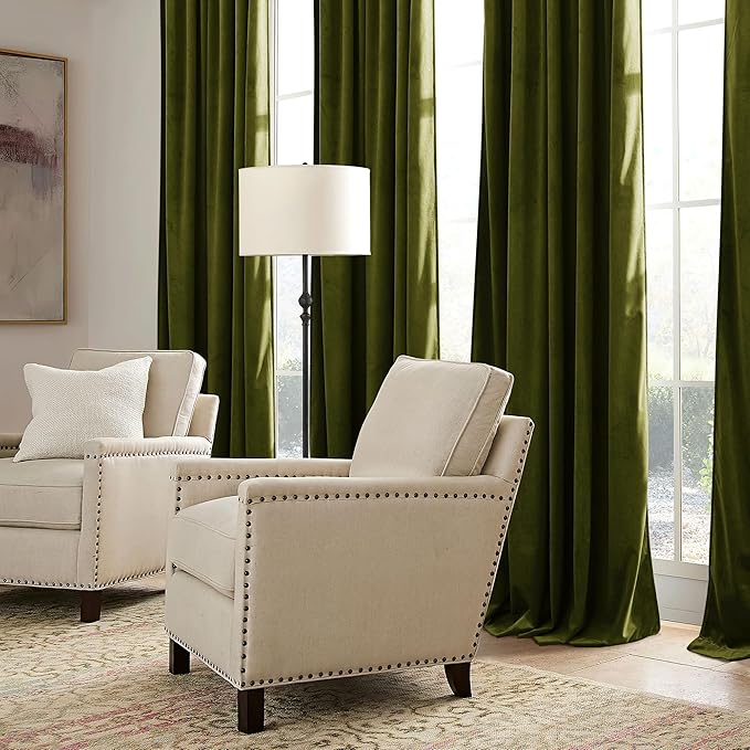 RYB HOME Moss Green Velvet Curtains 96 inches, Luxury and Soft Velvet Fabric, Spring Summer Decorative Curtains & Drapes for Patio Doory Room Window, W 52 x L 96 inches, 2 Panels Set