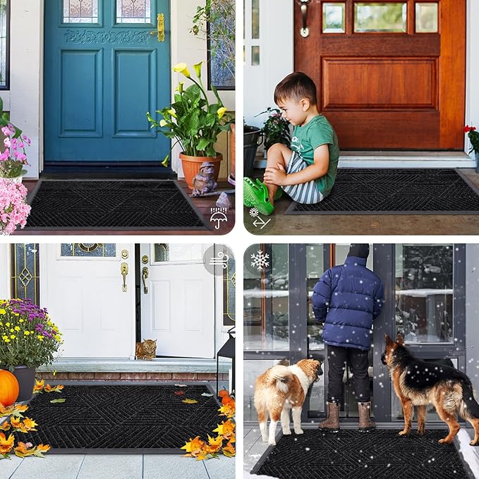 Smiry Front Door Mat Outside Entrance, Heavy Duty Sturdy Natural Rubber Doormat, Trap Dirt and Moisture, Easy Clean Low Profile Mats for Indoor Outdoor Entry, Irregular Triangle (71x47, Black)