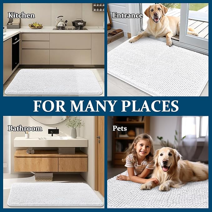 OLANLY Dog Door Mat for Muddy Paws 44x32, Absorbs Moisture and Dirt, Absorbent Non-Slip Washable Doormat, Quick Dry Chenille Mud Mat for Dogs, Entry Indoor Entryway Carpet for Inside Floor, White