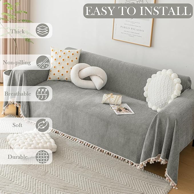 HANDONTIME Couch Slipcovers for Sofas Dark Grey Couches Cover Sofa Cover for Dogs Boho Pet Couch Protector with Tassel Sectional Throw Cover Chenille Herringbone Sofa Cover for 2 3 Seat, 91" X118"