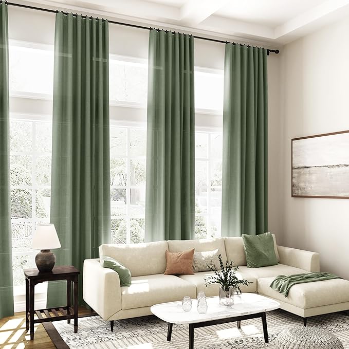 Olive Green Semi Sheer Curtains 108 Inches Long 2 Panels Back Tab Loop Pocket Linen Blend Boho Large Window Curtain Extra Long Light Filtering Drapes High Ceiling Curtains for Living Room 40x108