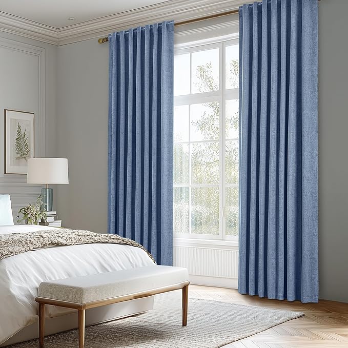 MIULEE 100% Blackout Linen Curtains for Bedroom, Blue Solid Luxury Decor Thermal Insulation Room Darkening Drapes for Living Room Nursery Back Tab Rod Pocket 42 x 90 Inches, 2 Panels