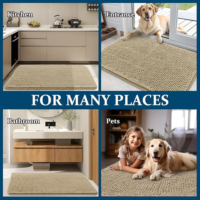 OLANLY Dog Door Mat for Muddy Paws 30x20, Absorbs Moisture and Dirt, Absorbent Non-Slip Washable Doormat, Quick Dry Chenille Mud Mat for Dogs, Entry Indoor Entryway Carpet for Inside Floor, Beige