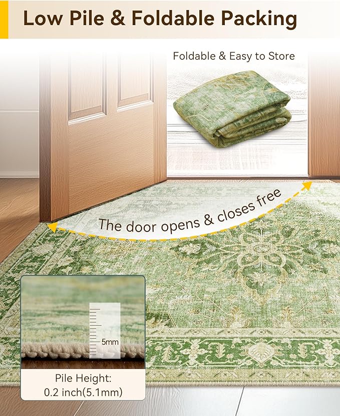 RELEANY Area Rugs 2'6''x8' Runner Rug Non Slip Washable for Kitchen Hallway Bedroom Beside Laundry Room Bathroom Rug, Floor Carpet, Sage Green Yellow
