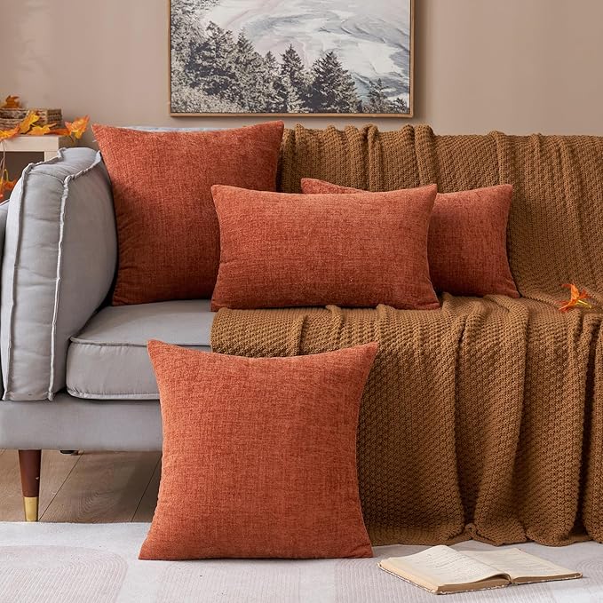 MIULEE Pack of 2 Couch Throw Pillow Covers 20x20 Inch Soft Burnt Orange Chenille Pillow Covers for Sofa Living Room Solid Dyed Pillow Cases