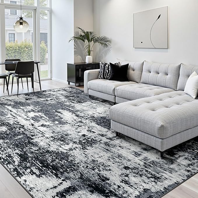 Washable Area Rugs 4'x5' Non-Slip Modern Abstract Soft for Living Room Entryway Bedroom Nursery, Print Pattern, Black Navy Blue Gray