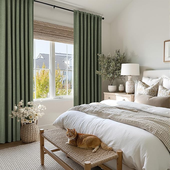 MIULEE 100% Blackout Linen Curtains for Bedroom, Olive Green Solid Luxury Decor Thermal Insulation Room Darkening Drapes for Living Room Nursery Back Tab Rod Pocket 42 x 84 Inches, 2 Panels