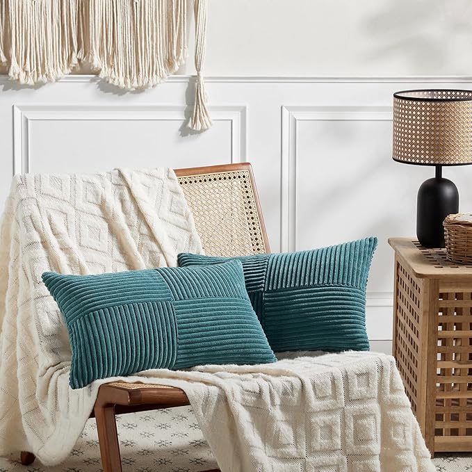 Fancy Homi 2 Packs Teal Lumbar Decorative Throw Pillow Covers 14x22 Inch for Living Room Couch Bed Sofa, Rustic Farmhouse Boho Home Decor, Soft Striped Corduroy Rectangle Accent Cushion Case 35x55 cm