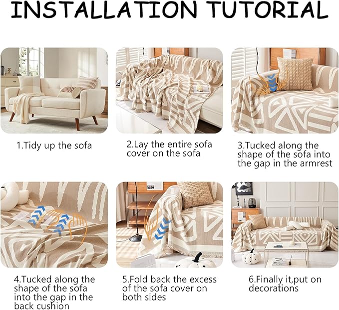 HANDONTIME Sofa Covers for Sectional Sofa Set Boho Couch Cover for Dogs Khaki Throw Couch Cover with Tassel Loveseat Covers Futon Cover L Shaped Cover Washable Chenille Couch Protector, 71" X118"