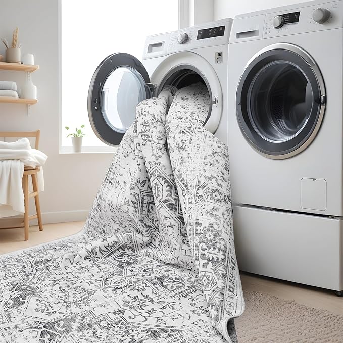 Washable 2'6''x14' Runner Rug - Non-Slip Vintage Runner Rug for Entryway Low-Pile Medallion Long Rugs for Hallway Waterproof Traditional Indoor Thin Rug for Kitchen (Grey)