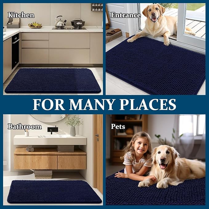 OLANLY Dog Door Mat for Muddy Paws 47x24, Absorbs Moisture and Dirt, Absorbent Non-Slip Washable Doormat, Quick Dry Chenille Mud Mat for Dogs, Entry Indoor Entryway Carpet for Inside Floor, Navy Blue