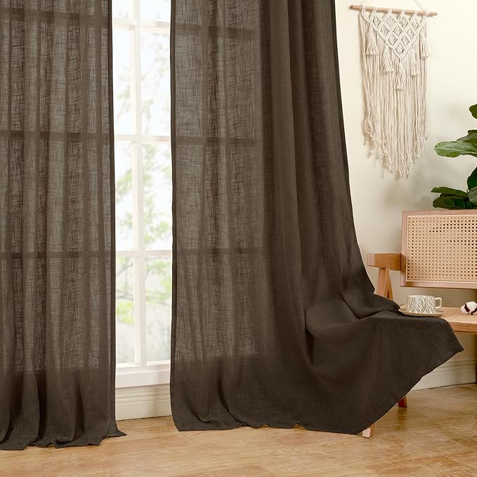 LAMIT 54 Inch Length Linen Curtains for Small Window, Semi Sheer Light Filtering Panels Back Tab and Rod Pocket Neutral Drapes for Bedroom, Dark Brown, 2 Panels, 34 x 54 Inch