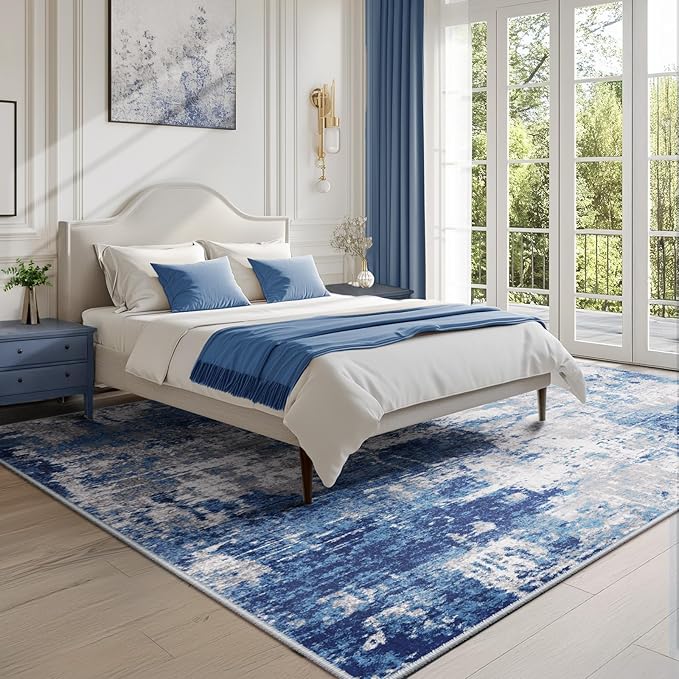 Washable Area Rugs 10'x12' Non-Slip Modern Abstract Soft for Living Room Entryway Bedroom Nursery, Print Pattern, Blue Grey Navy Gray