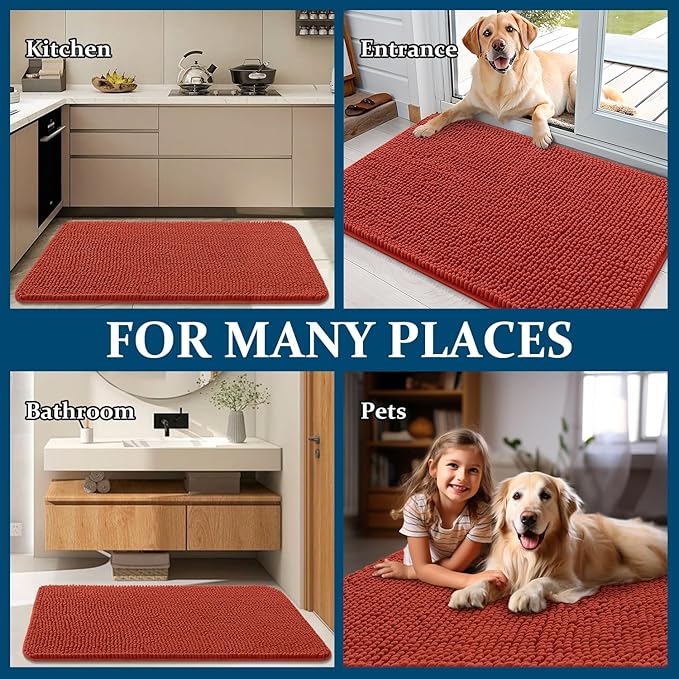 OLANLY Dog Door Mat for Muddy Paws 70x46, Absorbs Moisture and Dirt, Absorbent Non-Slip Washable Doormat, Quick Dry Chenille Mud Mat for Dogs, Entry Indoor Entryway Carpet for Inside Floor, Maple Red