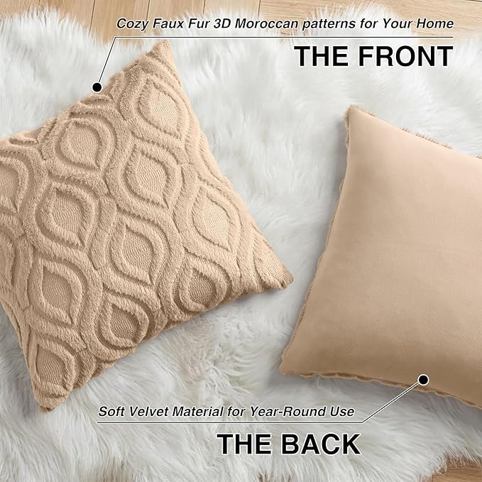 decorUhome Throw Pillow Covers 22x22 Inch Set of 2, Soft Plush Faux Wool Light Khaki Solid Couch Pillow Covers, Accent Euro Sham Farmhouse Neutral Square Pillow Cases for Sofa Bed Living Room