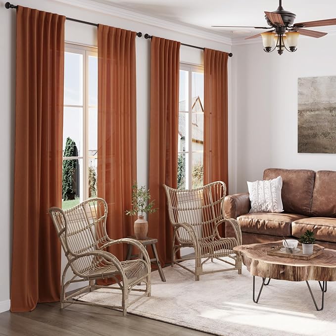 Nanspring Terracotta Linen Curtains 63 Inches Length 2 Panels for Living Room Back Tab Pocket Light Filtering Semi Sheer Drapes Cotton Linen Textured Brick Burnt Orange Window Curtain 52X63 Inch