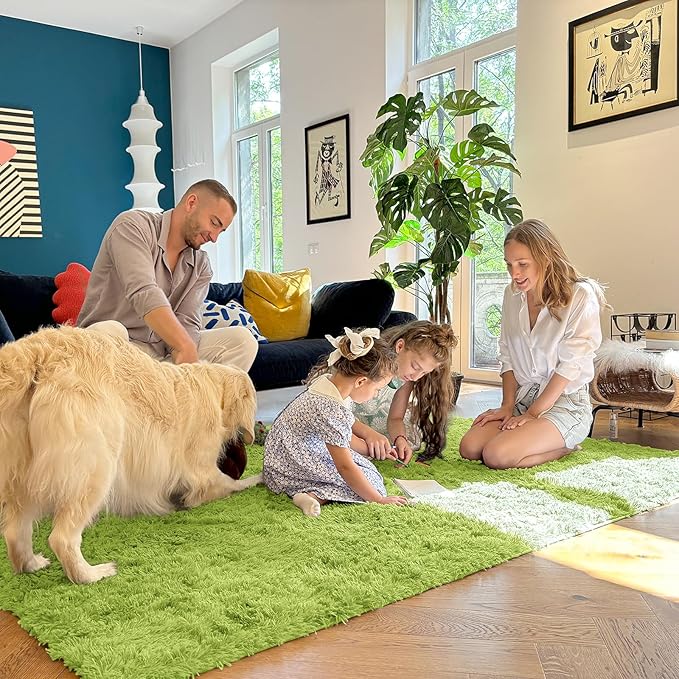 OLANLY 5x7 Machine Washable Large Area Rugs for Living Room, Bedroom, Soft Fluffy Shaggy Bedside Rug, Indoor Floor Carpet for Kids Girls and Boys, Dorms, Nursery, Home Decor Aesthetic, Grass Green
