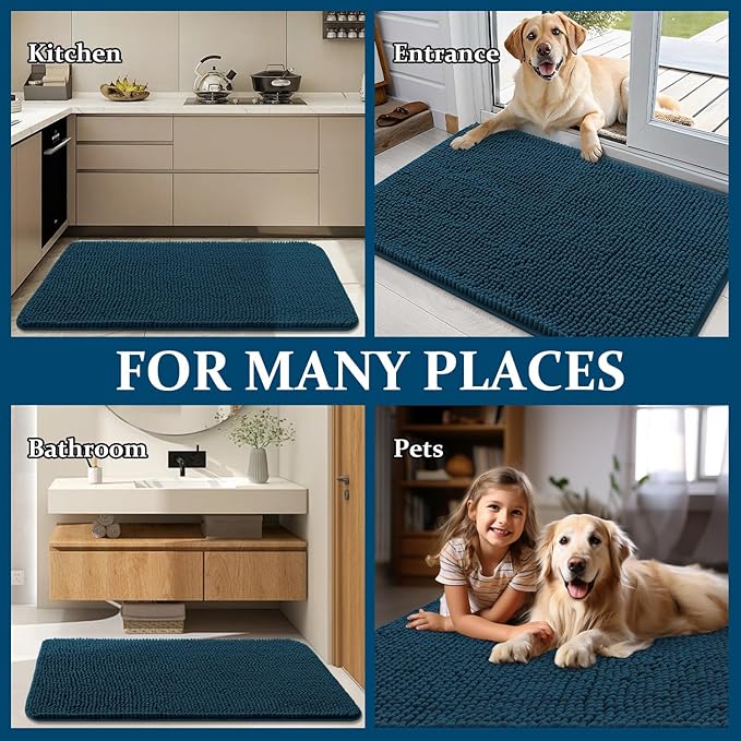 OLANLY Dog Door Mat for Muddy Paws 59x32, Absorbs Moisture and Dirt, Absorbent Non-Slip Washable Doormat, Quick Dry Chenille Mud Mat, Entry Indoor Entryway Carpet for Inside Floor, Atlantic Blue