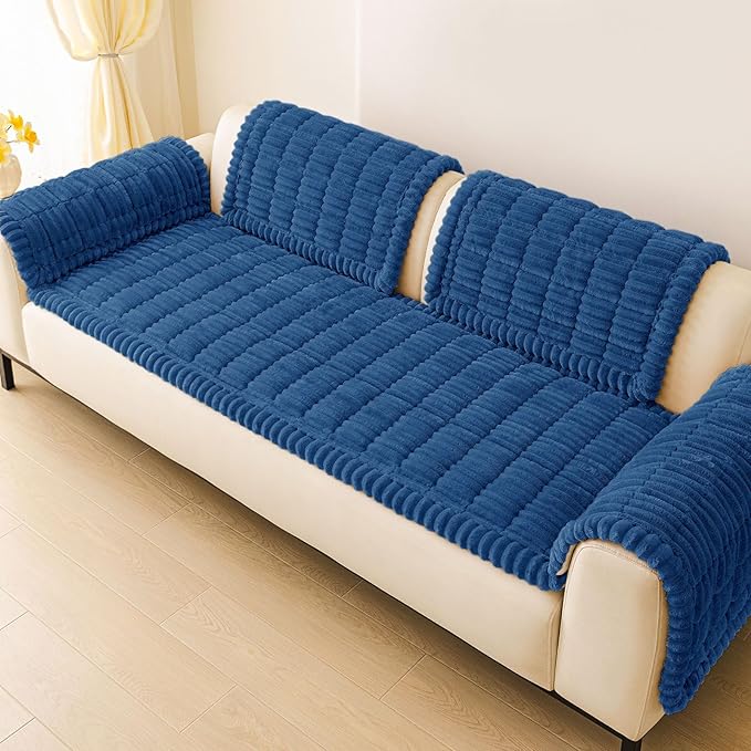 hyha Couch Covers for Dogs Washable, Non Slip Plush Dog Sofa Protectors, Fuzzy Pet Couch Covers for 3 Cushion Sofa Pet Friendly (Navy Blue, 27.6" x 27.6")