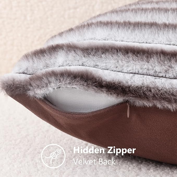 decorUhome Cozy Faux Fur Throw Pillow Covers 16x16 Set of 2 Decorative Soft Plush Striped Modern Farmhouse Boho Couch Pillow Cases with Velvet Back for Sofa Bed Living Room, Brown White