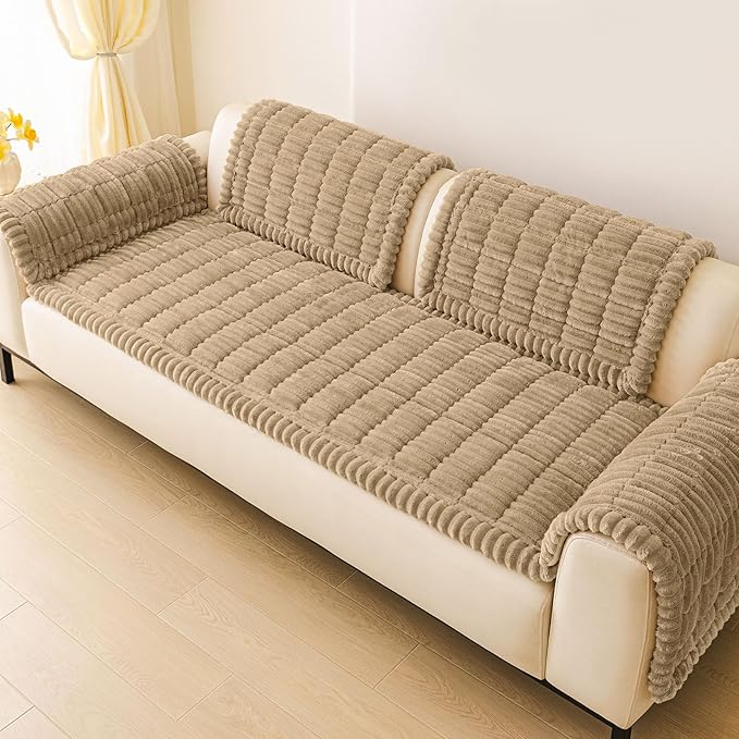 hyha Couch Covers for Dogs Washable, Non Slip Plush Dog Sofa Protectors, Fuzzy Pet Couch Covers for 3 Cushion Sofa Pet Friendly (Khaki, 27.6" x 27.6")