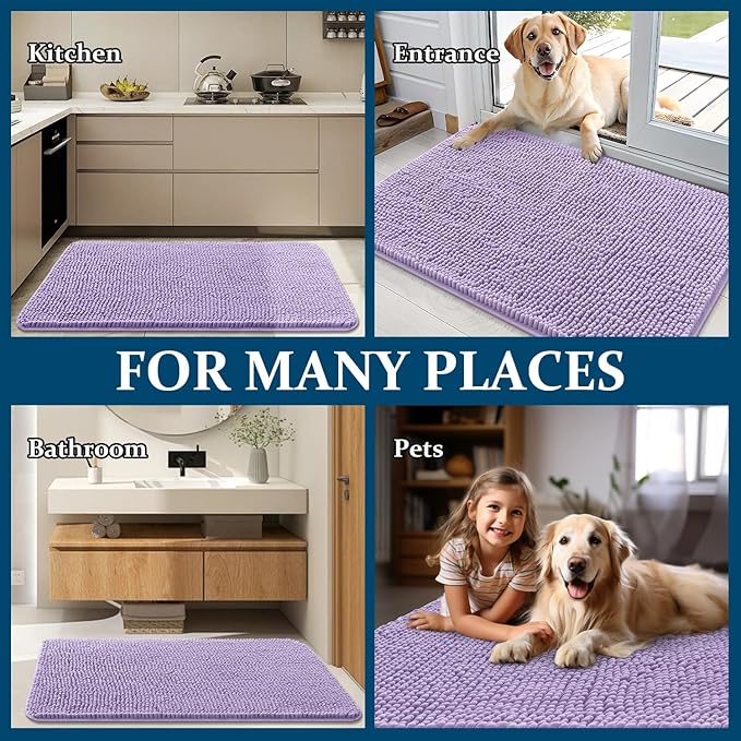 OLANLY Dog Door Mat for Muddy Paws 59x35, Absorbs Moisture and Dirt, Absorbent Non-Slip Washable Doormat, Quick Dry Chenille Mud Mat for Dogs, Entry Indoor Entryway Carpet for Inside Floor, Lavender