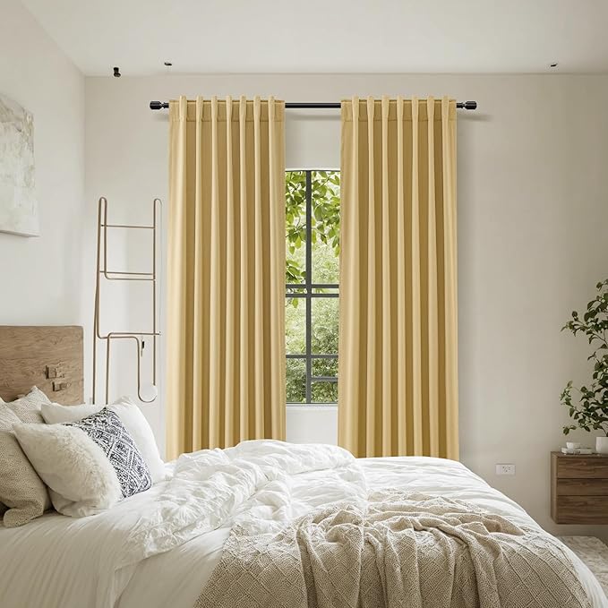 Guken 100% Blackout Curtains 120 Inch Length 2 Panels Set for Living Room Bedroom Back Tab Thermal Insulated Black Out Linen Drapes Room Darkening Window Curtains Gold Yellow 52x120