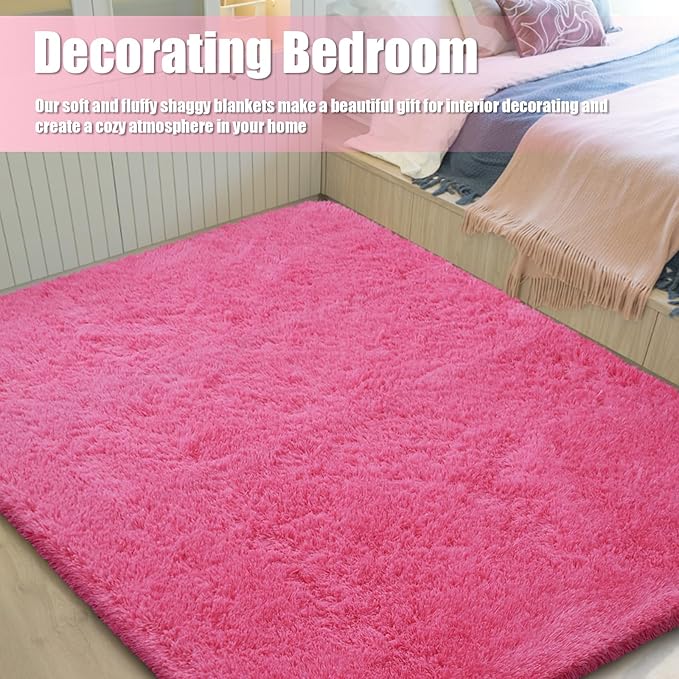 6x9 Fluffy Area Rug for Living Room,Shag Area Rugs for Bedroom,Soft Fuzzy Rug Non-Shedding Indoor Plush Carpet for Kids Bedroom Nursery Dorm Home Decor,Hot Pink