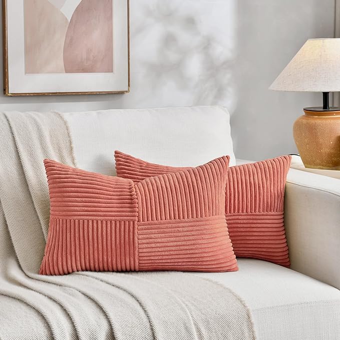 Fancy Homi 2 Packs Coral Lumbar Decorative Throw Pillow Covers 16x26 Inch for Couch Bed Sofa, Rustic Farmhouse Boho Home Decor, Soft Striped Corduroy Rectangle Accent Cushion Case 65x40 cm