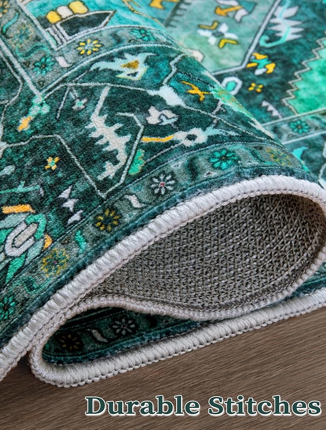 SERISSA Boho Washable Runner Rug, 2'6"x8' Rug Runner Non-Slip Vintage Teal Hallway Kitchen Runner Rug Ultra Soft Print Distressed Tribal Floor Carpet Runner for Bedroom Bathroom Laundry Room