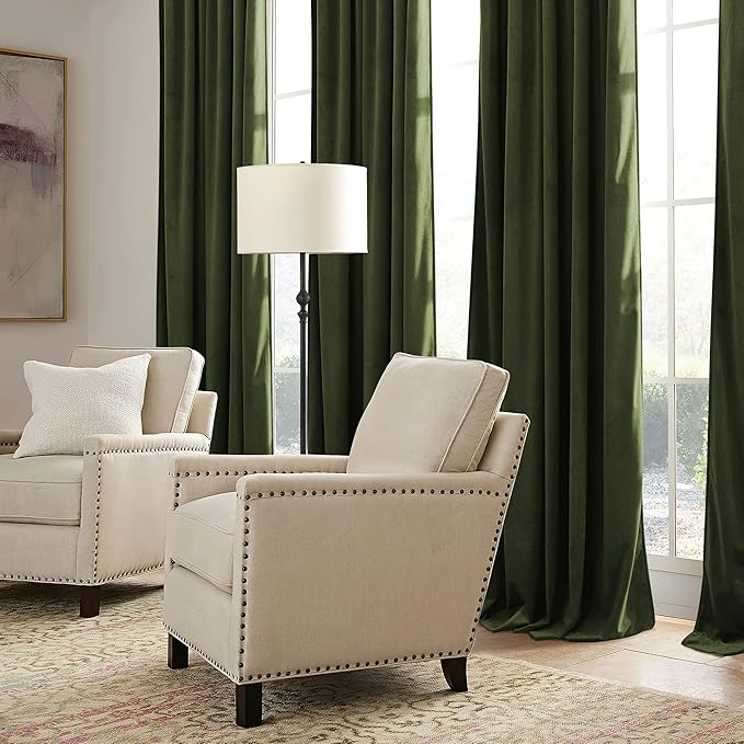 RYB HOME Olive Green Velvet Curtains with Hook Tape, Thermal Insulated Privacy Protect Decorative Drapes for Home Theater, W 62 x L 84 inches, 2 Panels Set