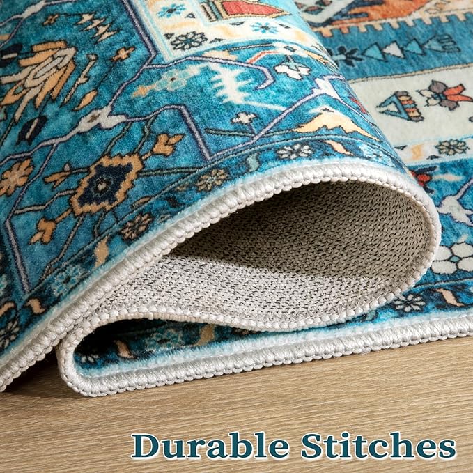 SERISSA Boho Rugs for Entryway, 2x3 Blue Entryway Rug Non-Slip Washable Small Area Rug, Ultra Soft Oriental Vintage Low-Pile Indoor Door Mat Floor Carpet for Entrance Bedroom Kitchen Bathroom