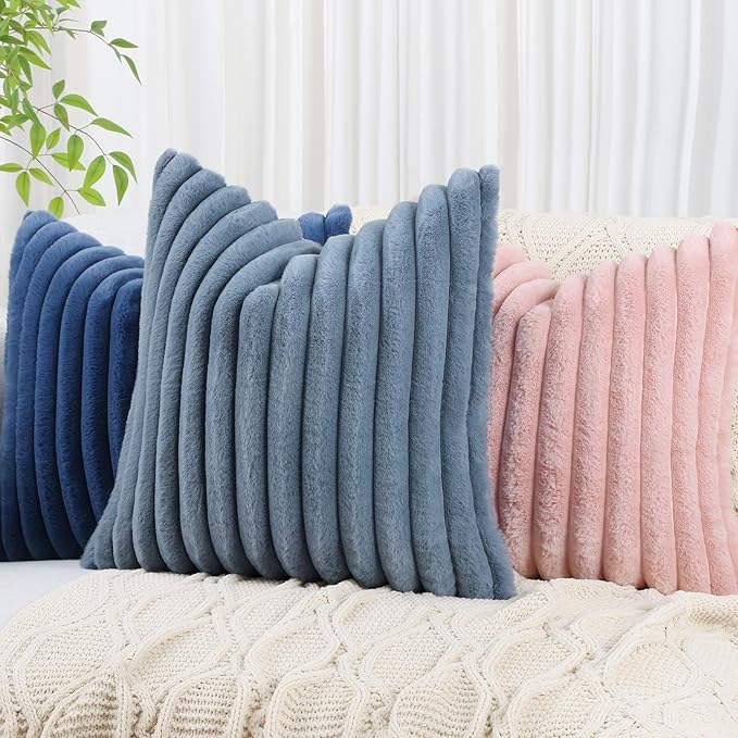 decorUhome Cozy Faux Fur Throw Pillow Covers 18x18 Set of 2 Decorative Soft Plush Striped Modern Farmhouse Boho Couch Pillow Cases with Velvet Back for Sofa Bed Living Room, Grey Blue