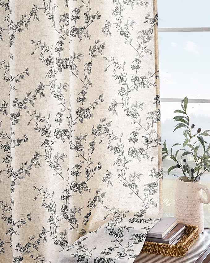 Lazzzy Black Floral Linen Curtains 96 Inch Farmhouse Back Tab Drapes for Living Room Bedroom Light Filtering Vintage Grandmillennial Rod Pocket Curtains, 2 Panels, W38 x L96, Black on Beige