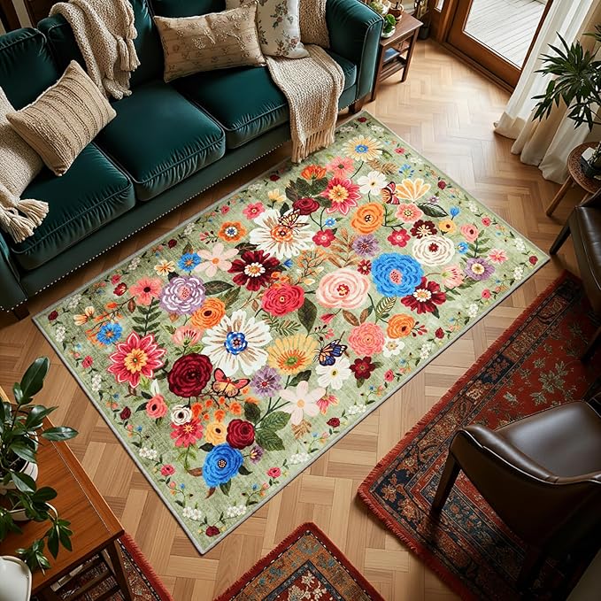 Green Living Room Rugs, Area Rugs 5x7 Rug for Bedroom Ultra-Thin Soft, Non-Slip Washable Rugs Stain Resistant Boho Rug Low-Pile Throw Rug for Dining Room Office (5 x 7, Green Garden)