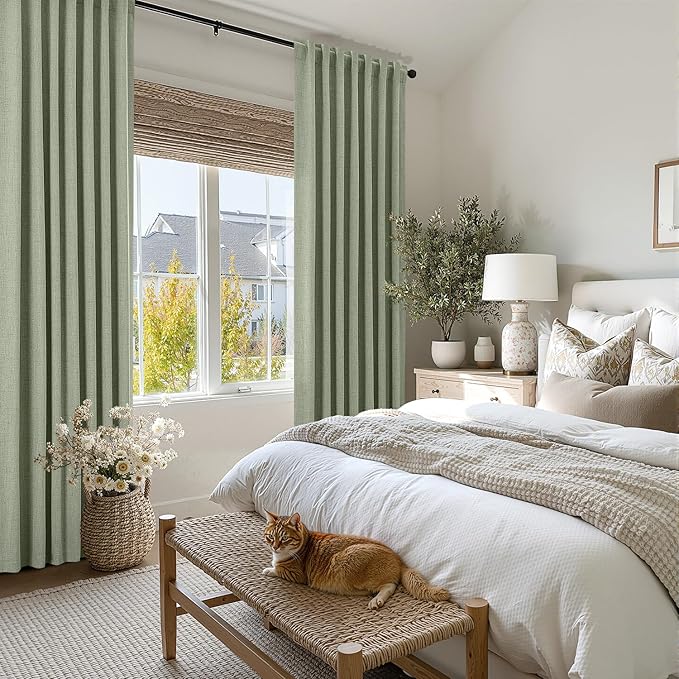 MIULEE 100% Blackout Linen Curtains for Bedroom, Sage Green Solid Luxury Decor Thermal Insulation Room Darkening Drapes for Living Room Nursery Back Tab Rod Pocket 42 x 90 Inches, 2 Panels