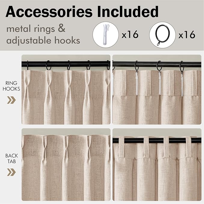 MIULEE Pinch Pleated Thick Linen Curtains 90 Inches Long 2 Panels for Living Room Bedroom, Linen Textured Memory Trained Pleat Drapes Back Tab Light Filtering Sand Beige Window Curtains with Hooks